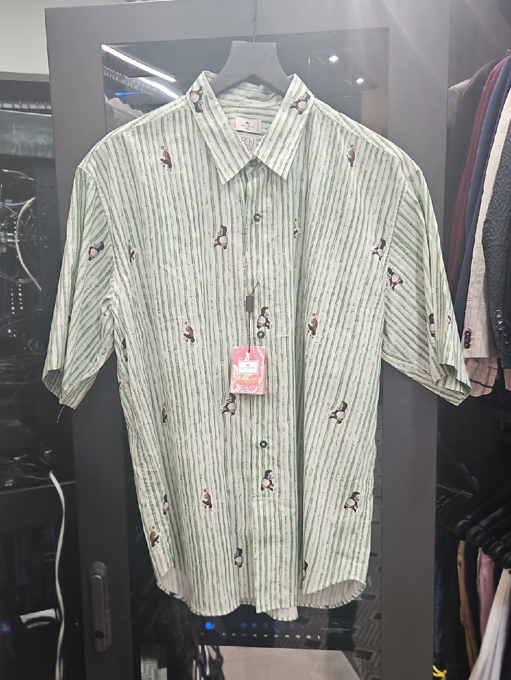 Etro Light Green Striped Short Sleeve Button-Down with Kung Fu Panda